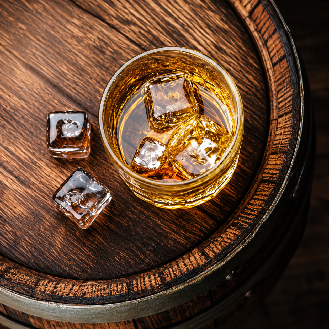 Bourbon served over ice in a glass resting on an oak barrel head