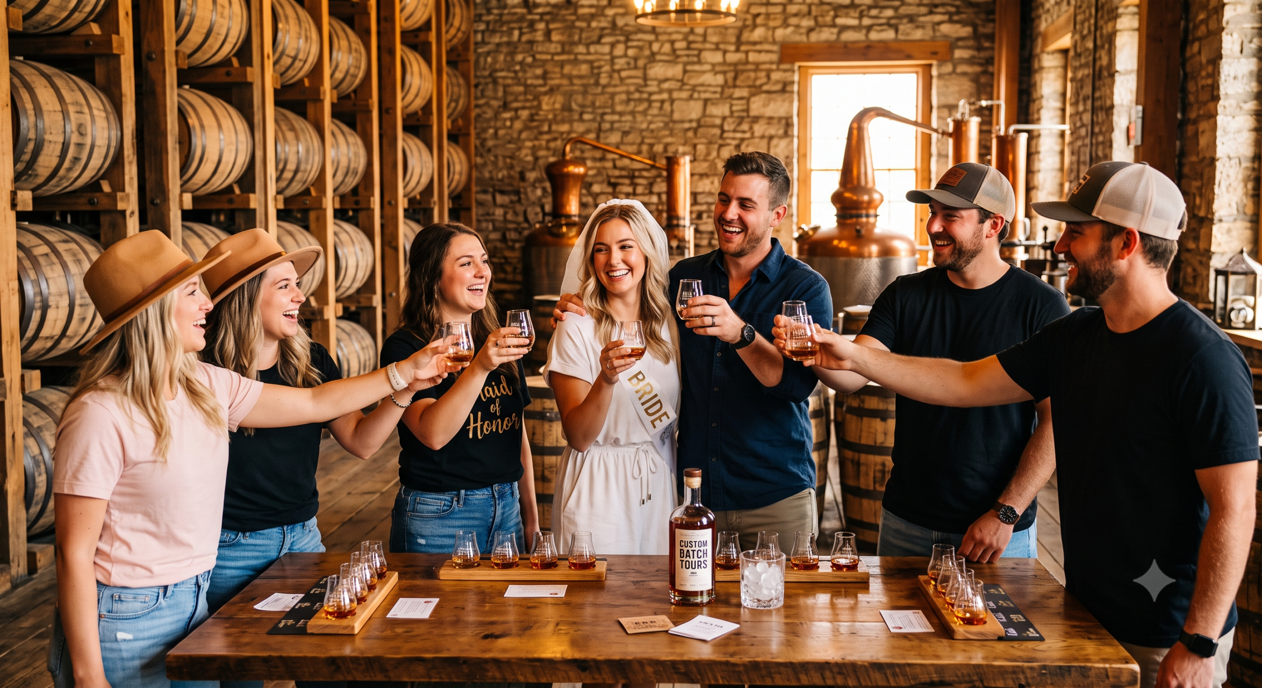 Bachelor party group traveling together on a private charter bourbon tour