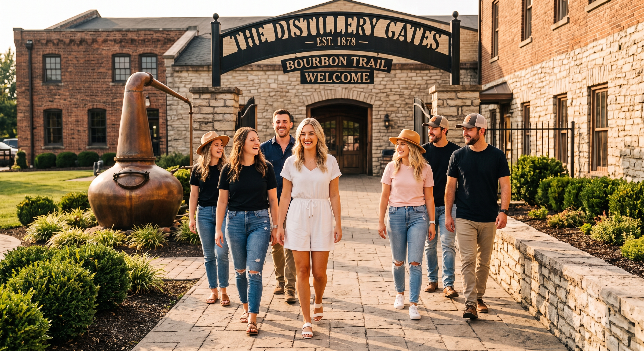 Bachelorette party guests celebrating at a Kentucky bourbon distillery