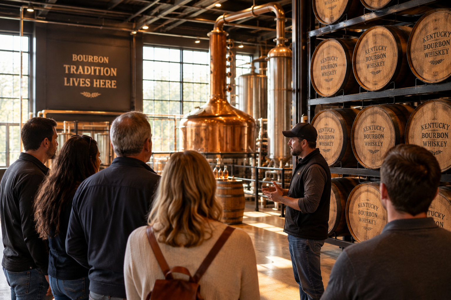 Group bourbon tasting during a custom Bardstown distillery tour
